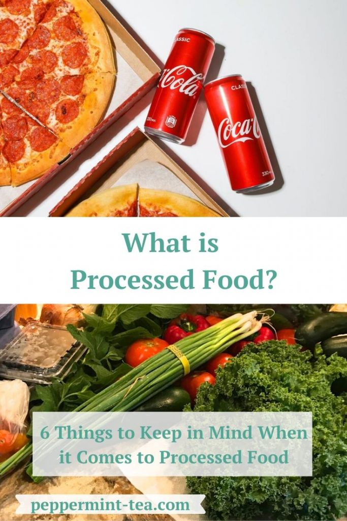 Photos of pizza and soda and fresh vegetables and fruit as examples of processed food.