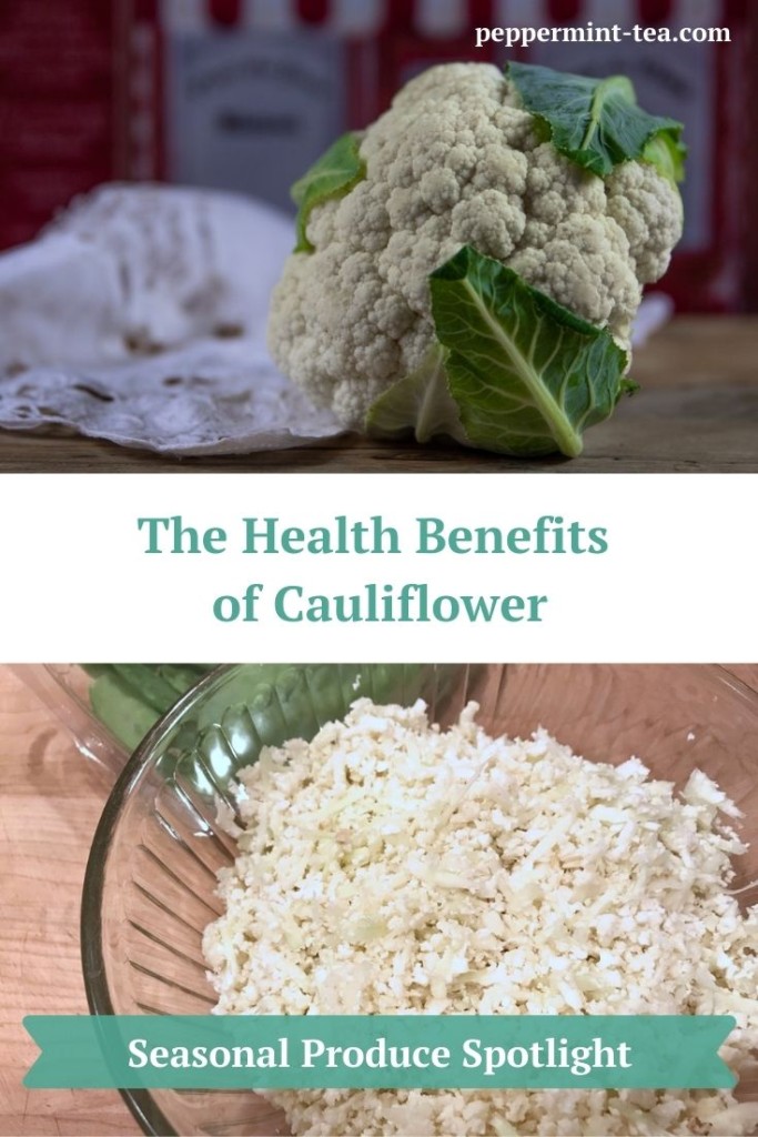 Photos of cauliflower (whole and minced) as an example of the health benefits of cauliflower