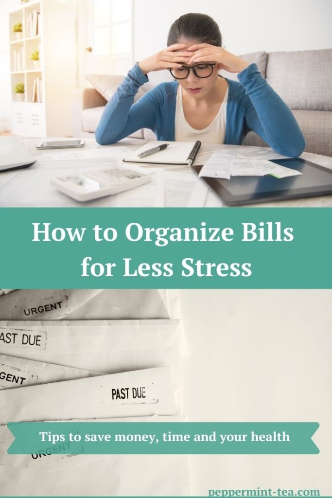 Photo of woman learning how to organize bills for less stress and photo of past due bills as an example for why we need to organize bills.