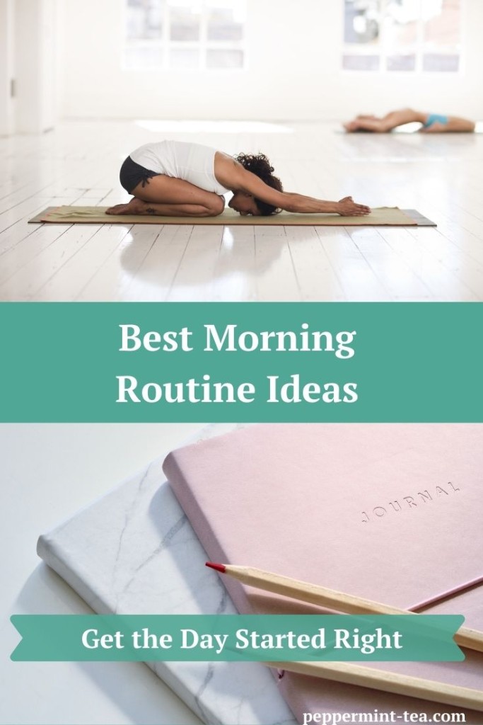 Photos of a woman doing yoga and of journals with a colored pencil on them as examples of morning routine ideas.