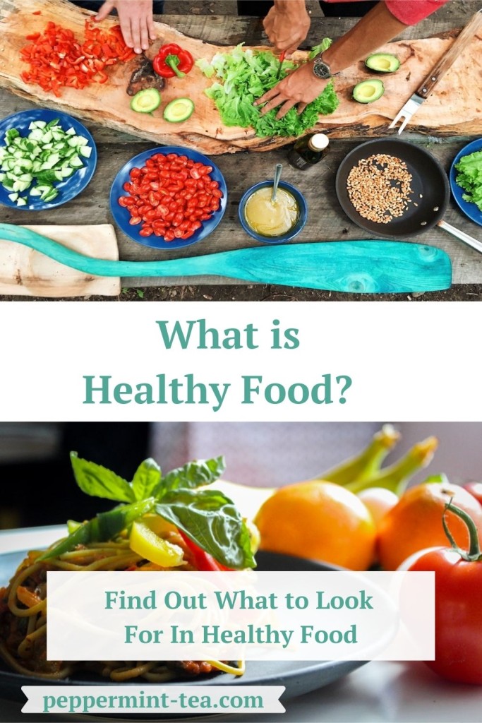 Photo of vegetables and grains being prepared and photo of vegetable and pasta dish as examples of healthy food.