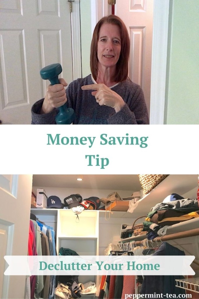 Photo of Robyn Mooring holding weight found as an example of money saving benefits of declutter your home and photo of cluttered closet