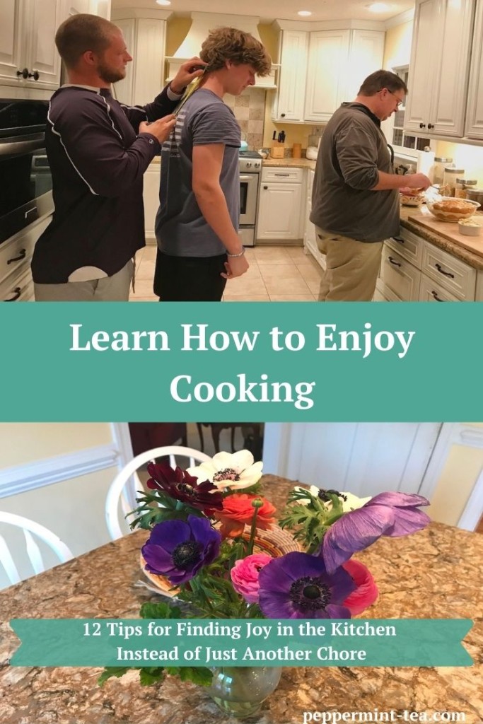 Photo of teenage boys in kitchen messing around while husband cooks and photo of flowers in a vase on kitchen island.
